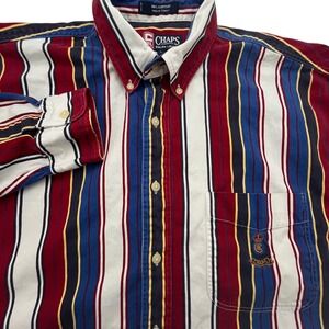 Chaps Ralph Lauren Vintage Vertical Stripe Button Down Crest Logo Red Blue White